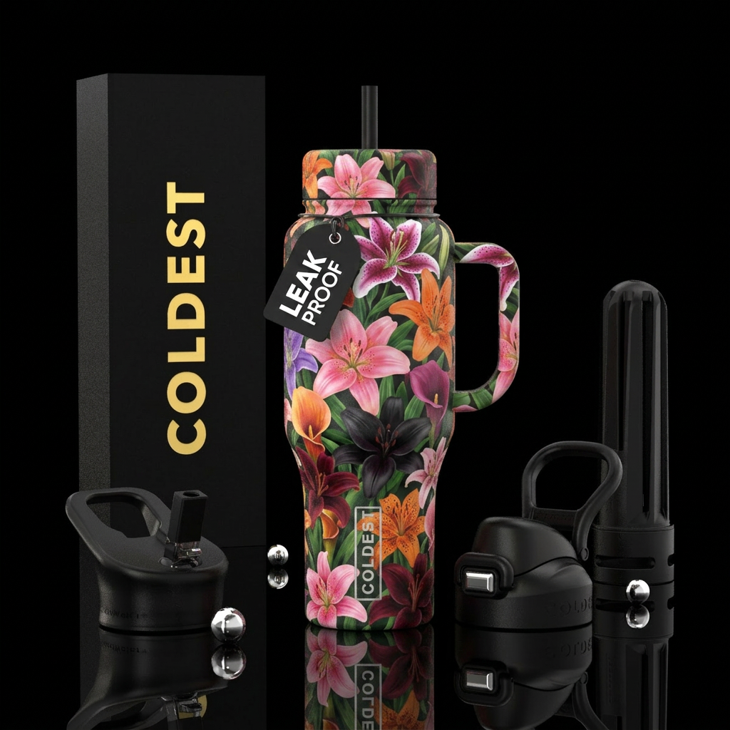 Show both sides of bottle, Asiatic lilies, Stargaz... water bottle design