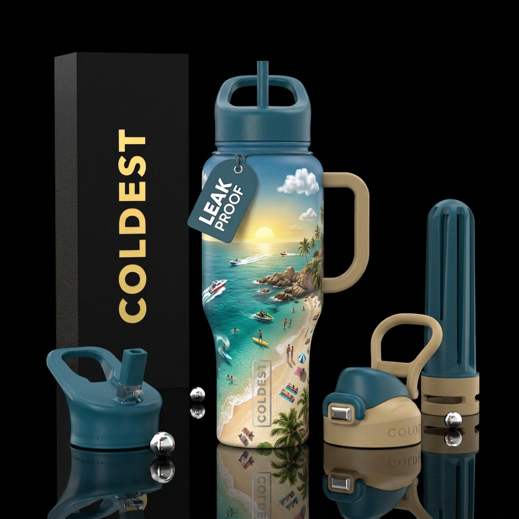 Ocean, coast, boats, jet skis, sun, sand, swimmers... water bottle design