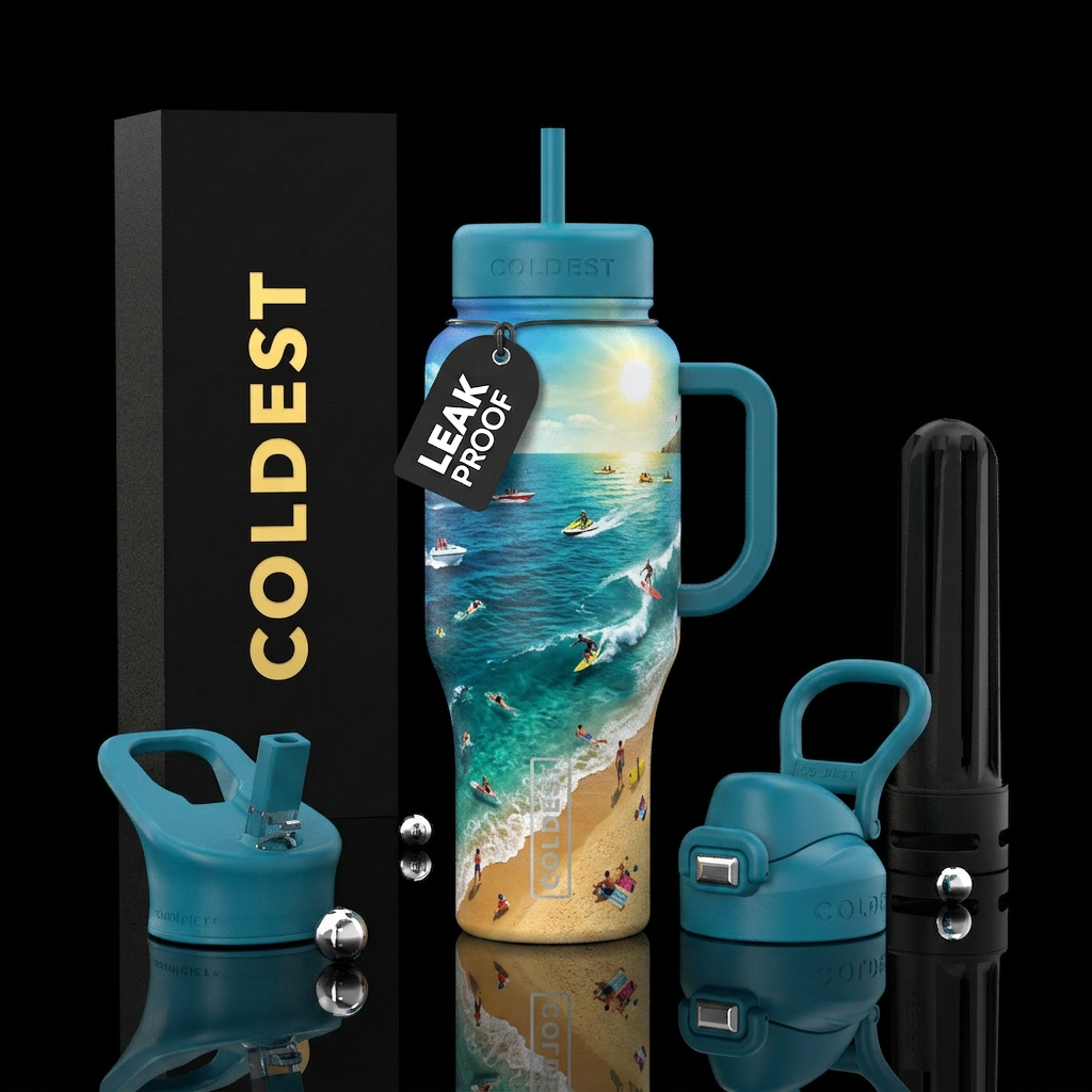 Ocean, coast, boats, jet skis, sun, sand, swimmers... water bottle design
