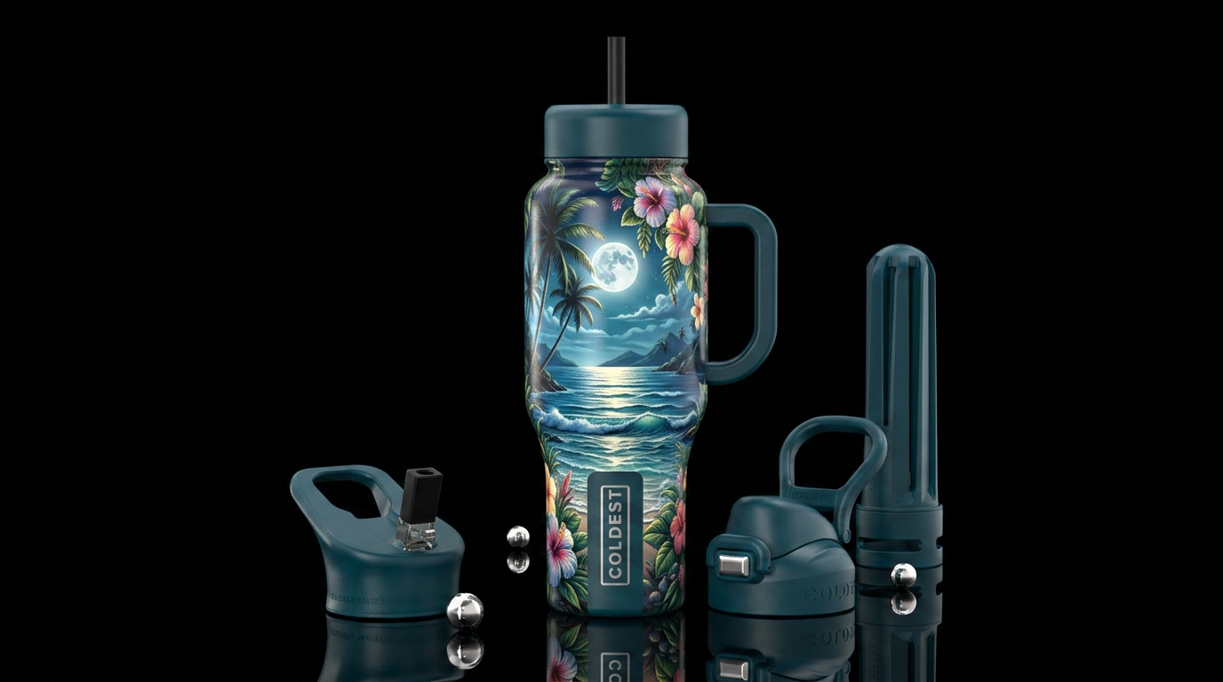 Palm trees, island, ocean, hibiscus, moonlight, gl... water bottle design