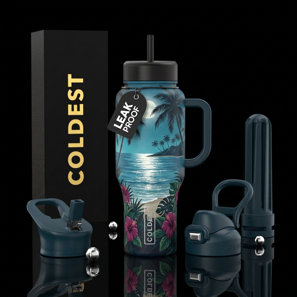 Palm trees, island, ocean, hibiscus, moonlight, gl... water bottle design