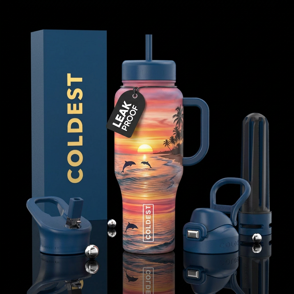 Sunset over the ocean, dolphins, palm trees, sand,... water bottle design