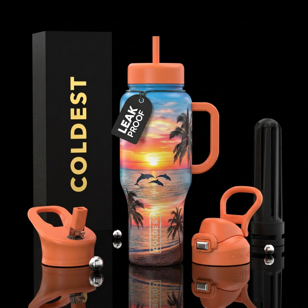 Sunset over the ocean, dolphins, palm trees, sand,... water bottle design