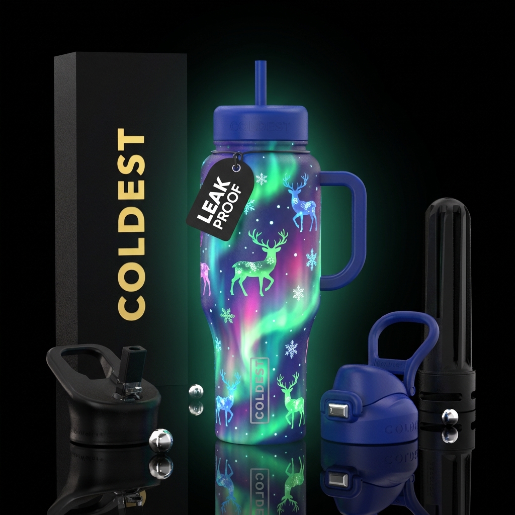 Multiple glow in the dark reindeer and snowflakes ... water bottle design