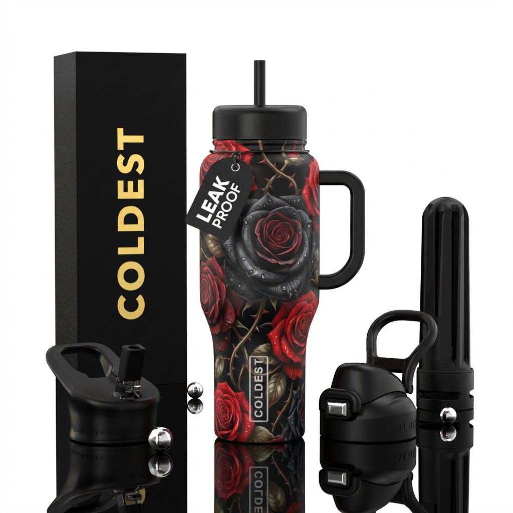 A combination of black and red roses with dewy and... water bottle design