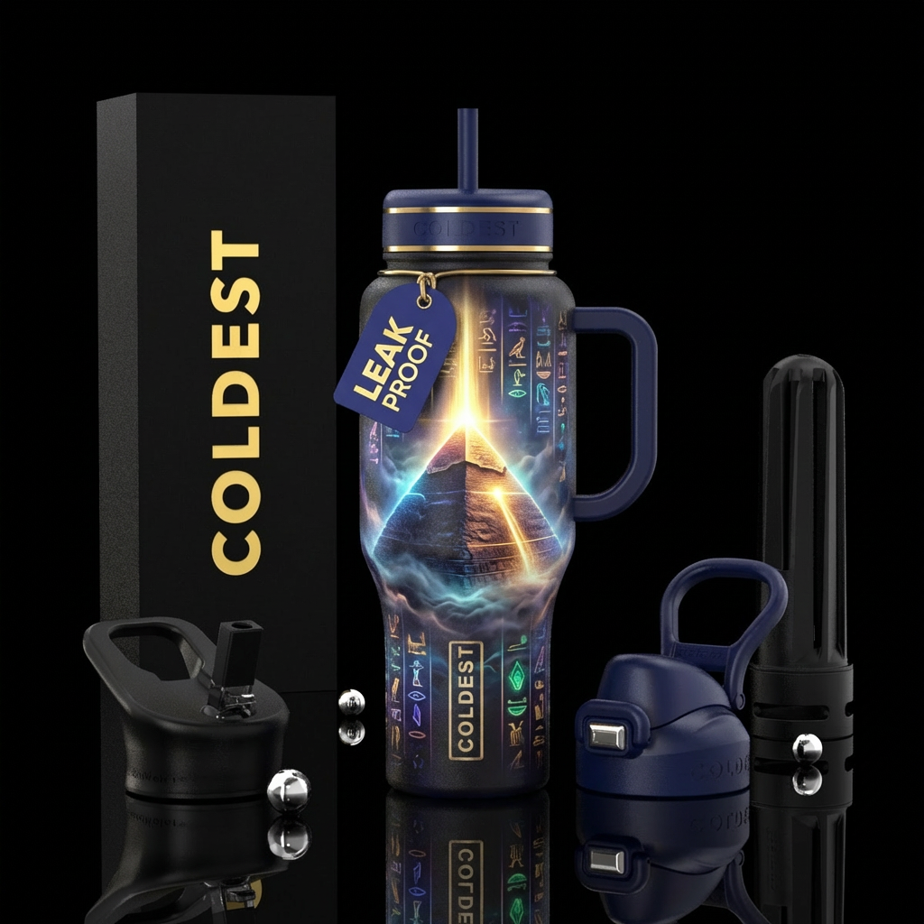 Mystic hieroglyphics in a mist surrounding a pyram... water bottle design
