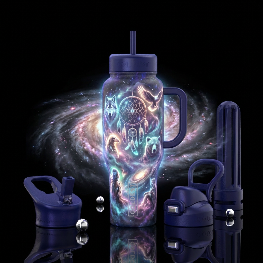 A smokey like galaxy background with a dream catch... water bottle design