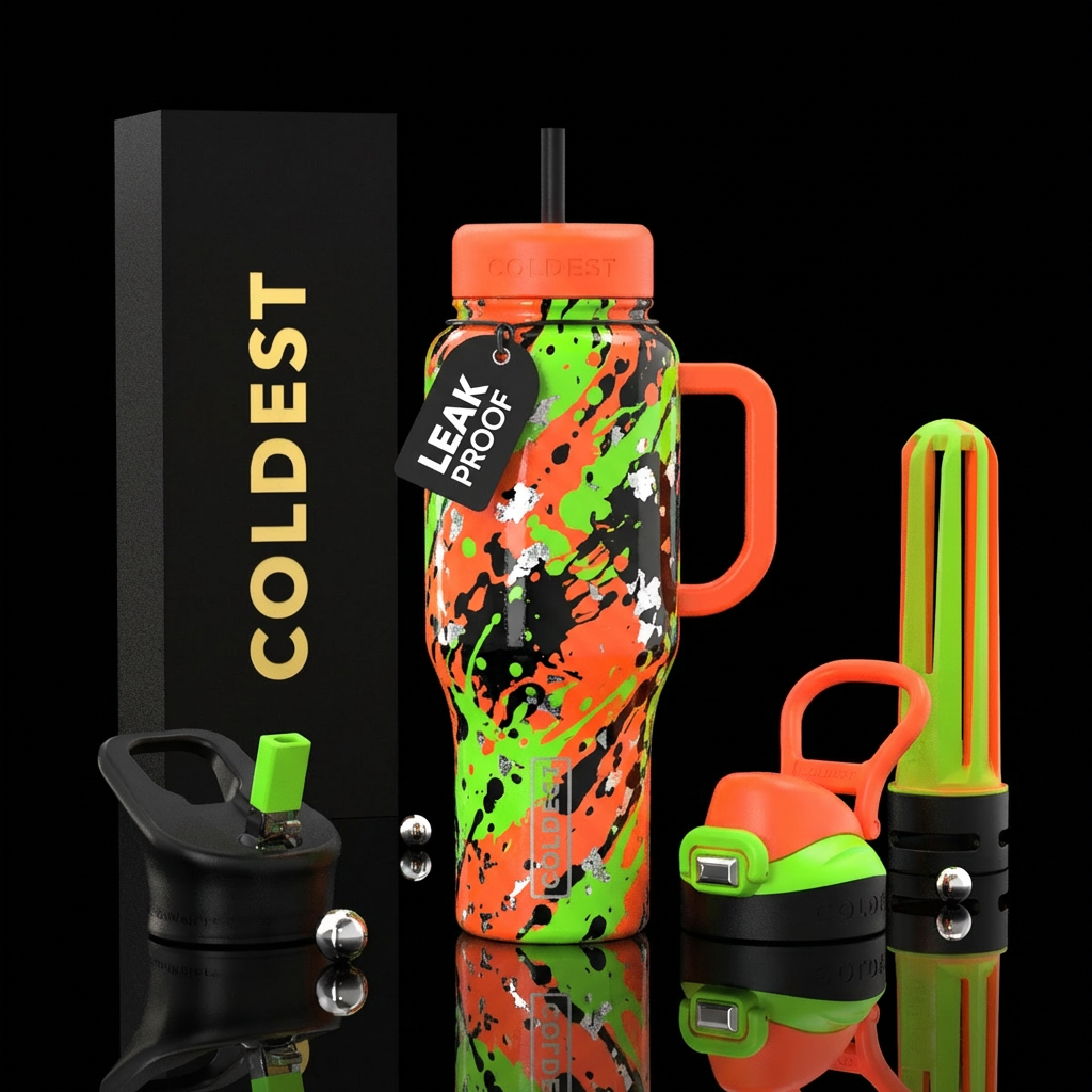 Florescent orange, Florescent green, and black spl... water bottle design