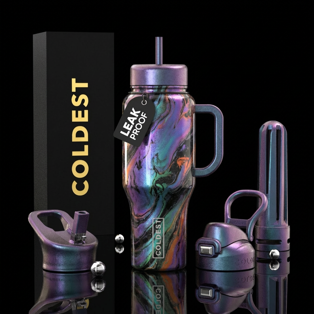Metallic purple, blue, green, black, and orange ma... water bottle design