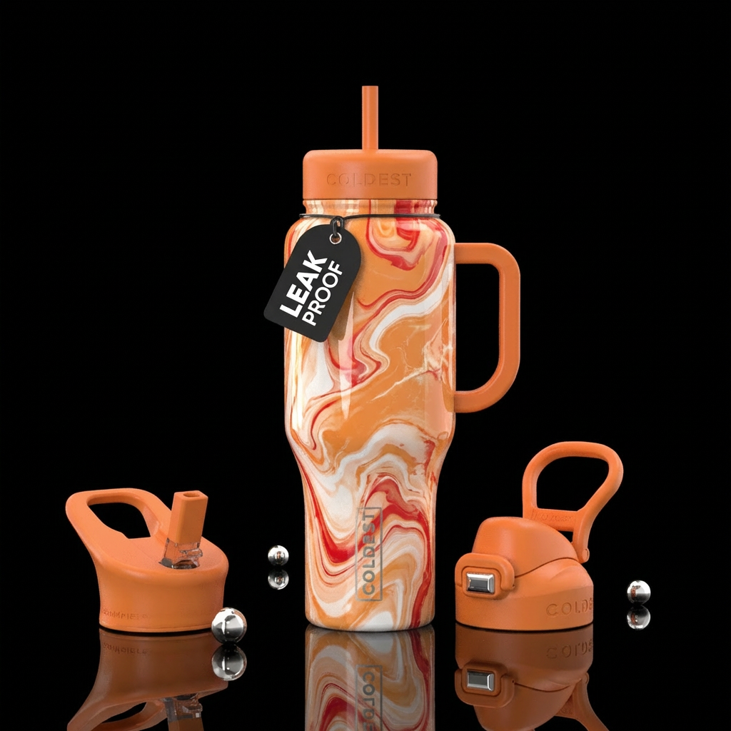 A marbling of creamsicle orange, white, and red water bottle design