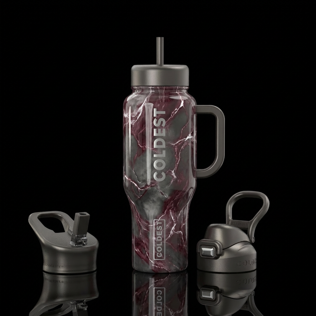 A marbling of mostly dark pewter and burgundy, wit... water bottle design