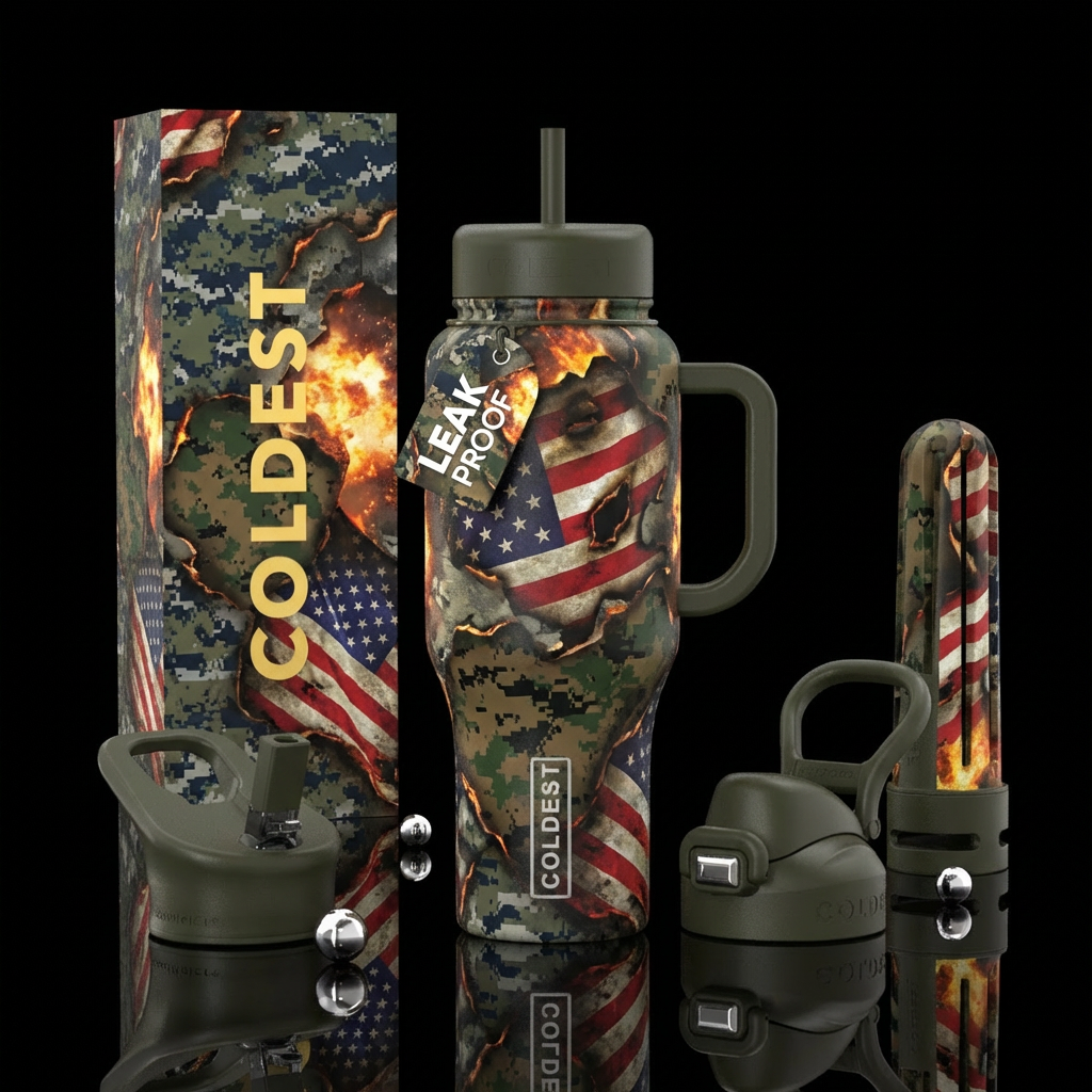 A mashing of torn and burned Navy camouflage and M... water bottle design