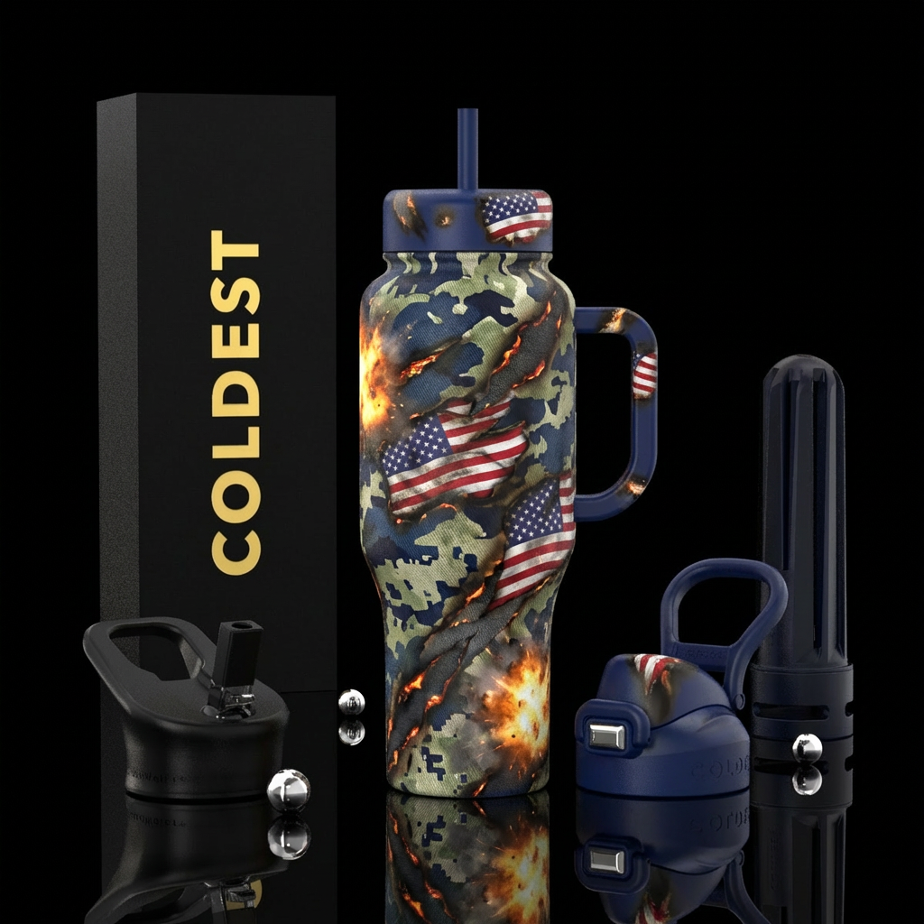 A mashing of torn and burned Navy camouflage and b... water bottle design