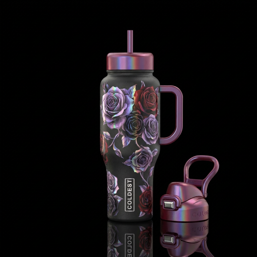 Holographic dark lavender, deep red, and black ros... water bottle design