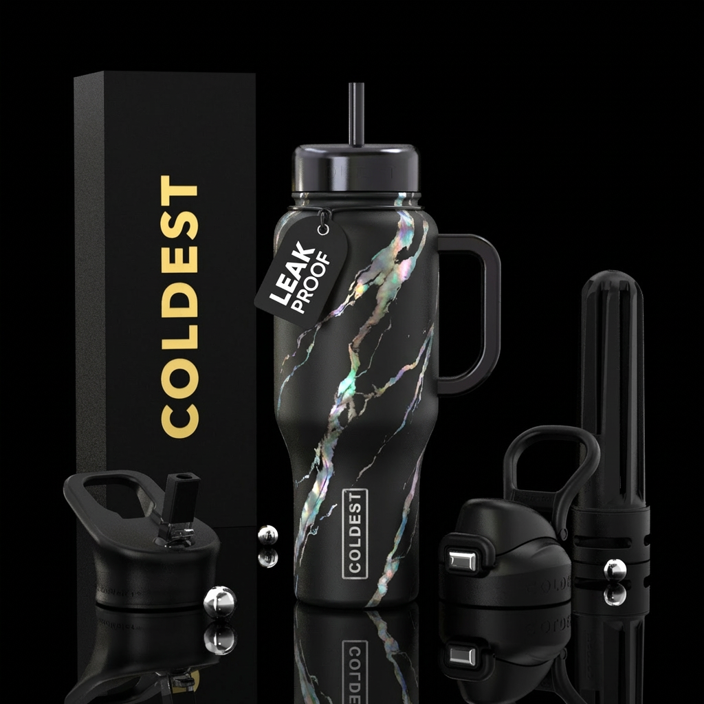 A matte black bottle with mother of pearl veins th... water bottle design
