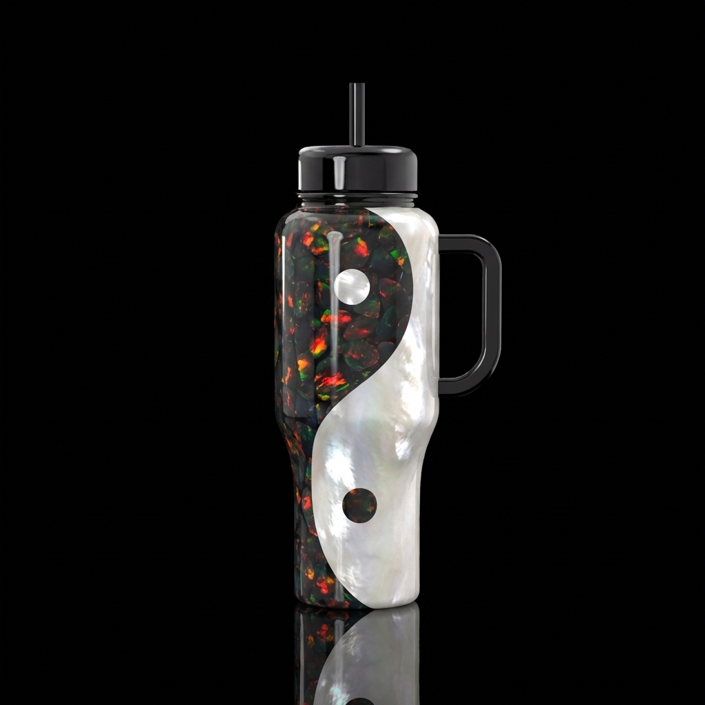 A yin and yang bottle made with black fire opals a... water bottle design