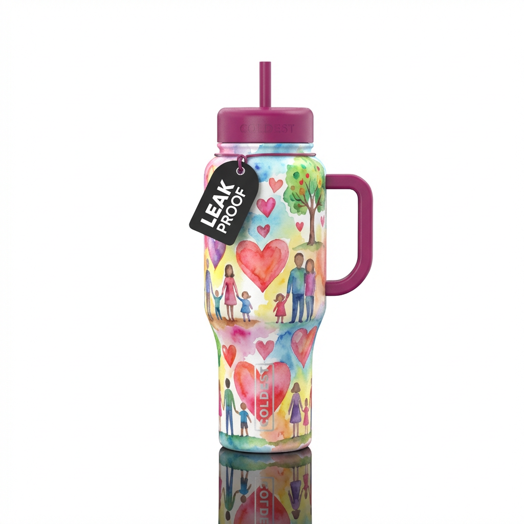 A bottle that depicts the show of Love of family a... water bottle design