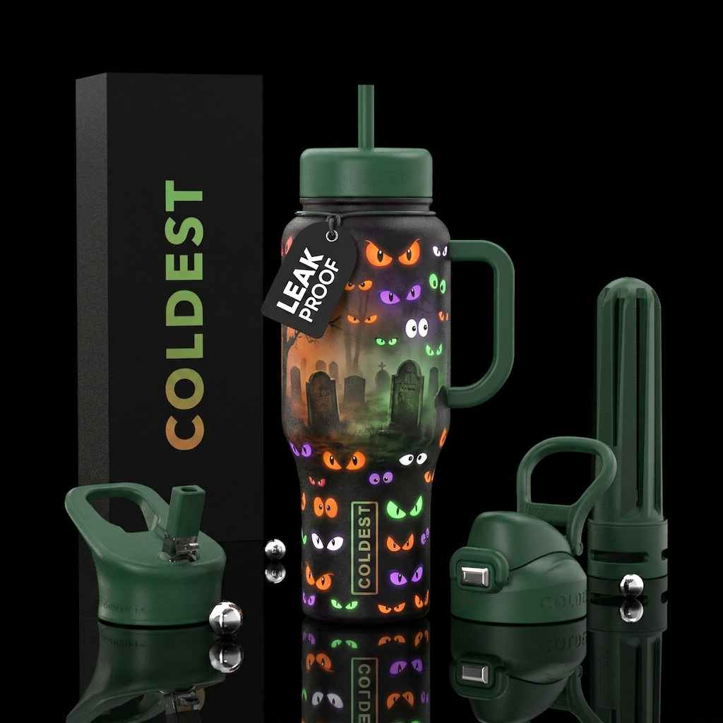 A black, orange, purple, and green bottle with all... water bottle design