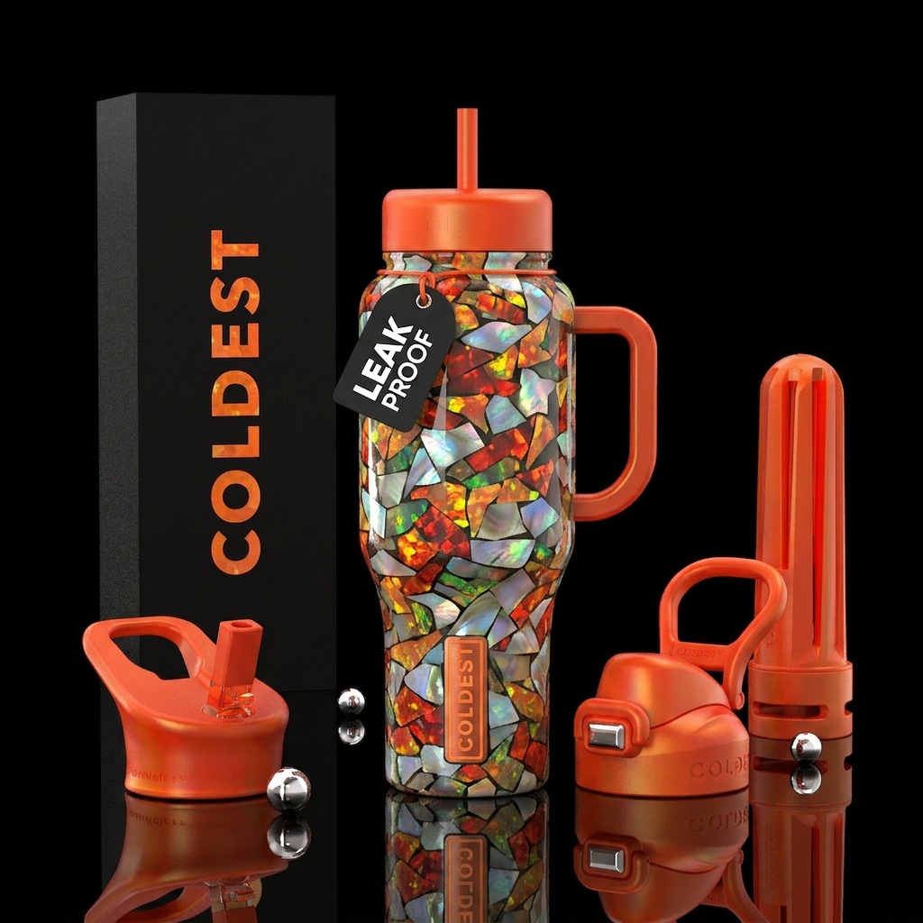 A camouflage bottle done with fire opal and mother... water bottle design