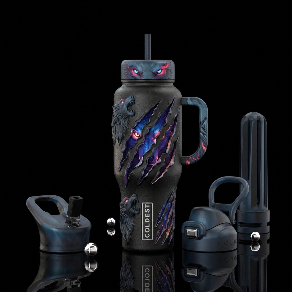 A bottle that's black with wolves and claw marks t... water bottle design