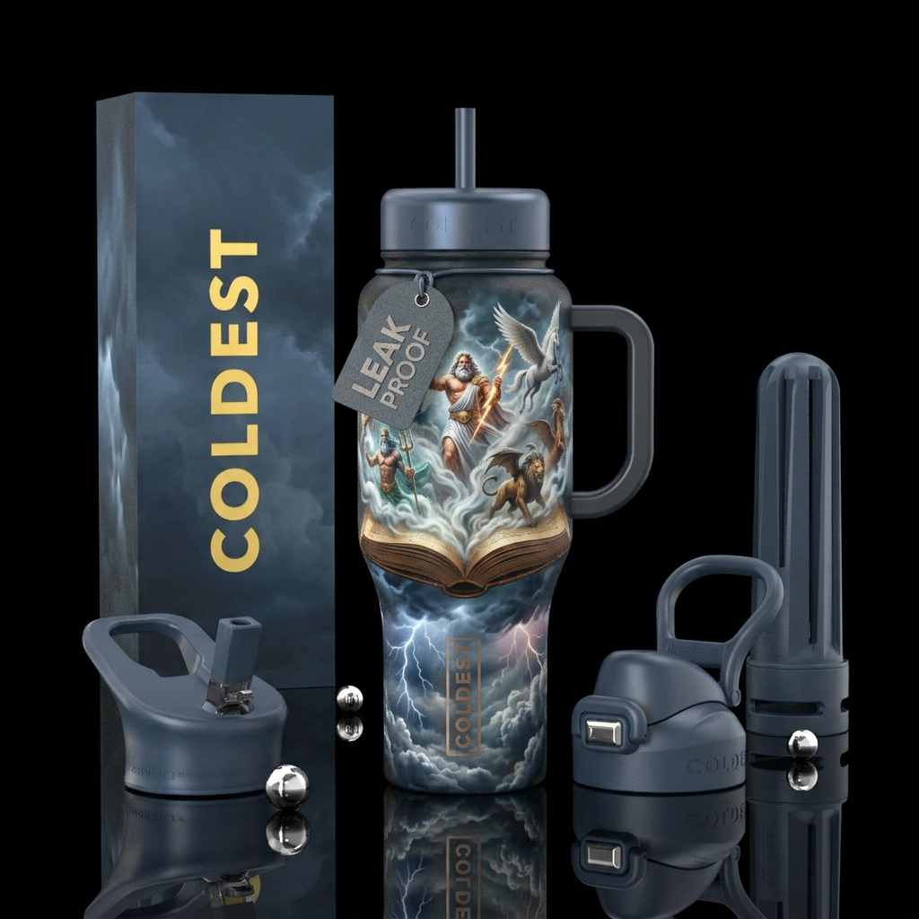 A bottle with a large book with a lot of smoke and... water bottle design