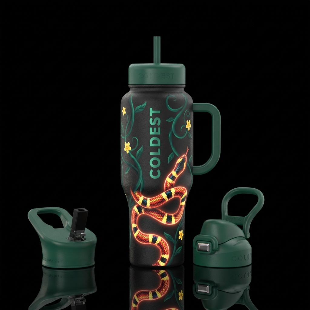Glowing coral snake wrapped around a dark emerald ... water bottle design