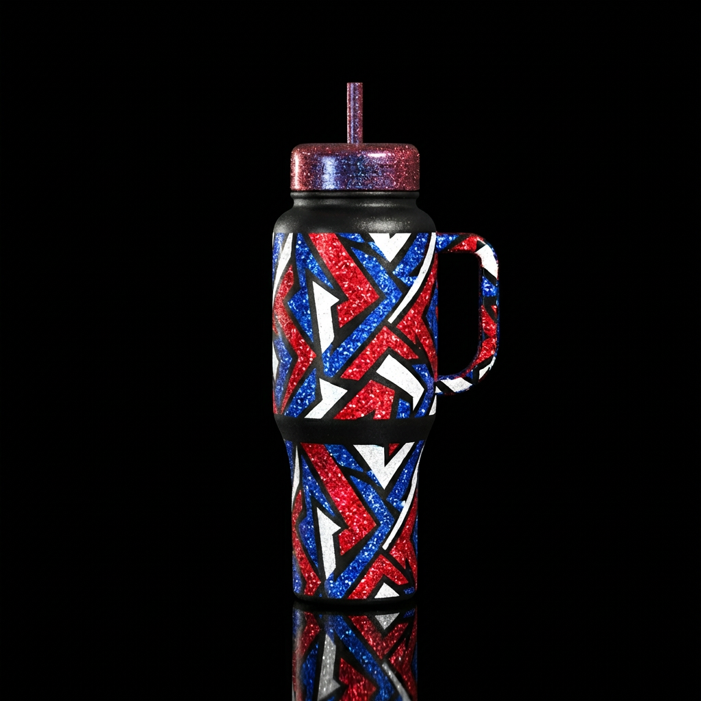 Red white and blue glittery geometric pattern water bottle design