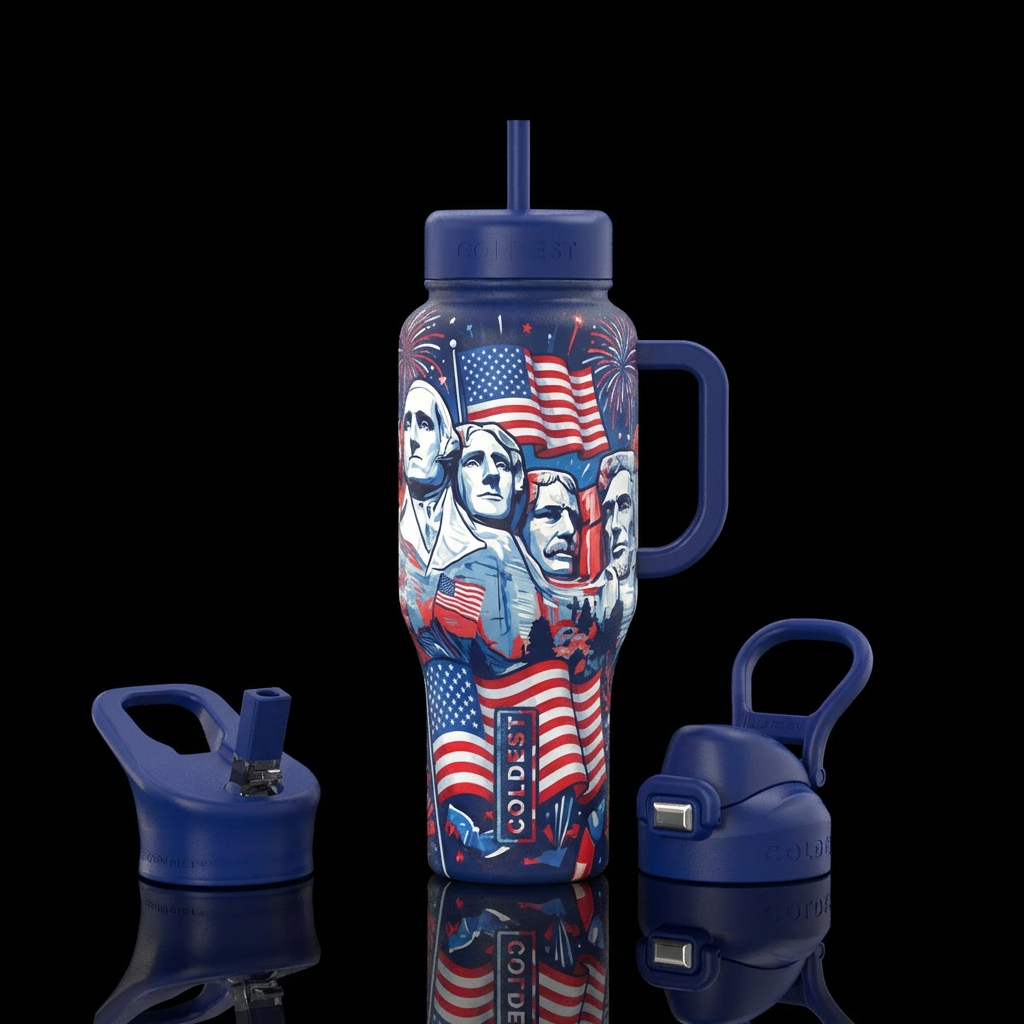 Animated Mount Rushmore with pops of red white and... water bottle design