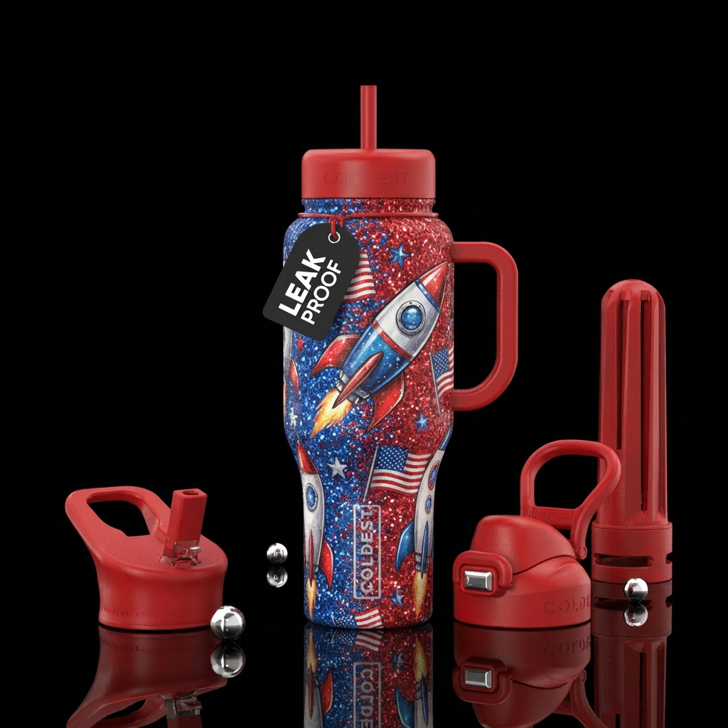 Red blue glitter rocket ship supporting usa realis... water bottle design