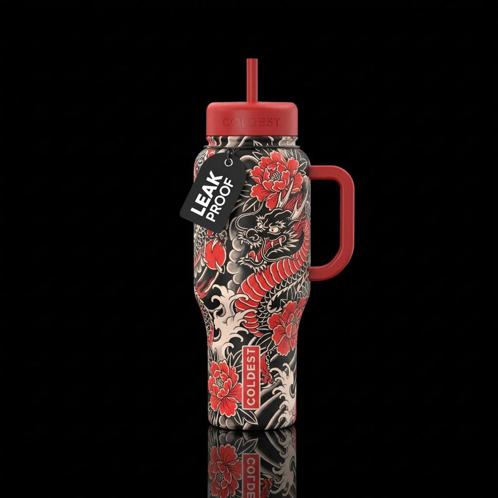 A tattoo like design traditional style with pops o... water bottle design