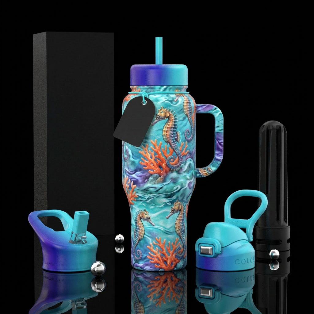 Seahorses with orange coral and aqua, blue and pur... water bottle design
