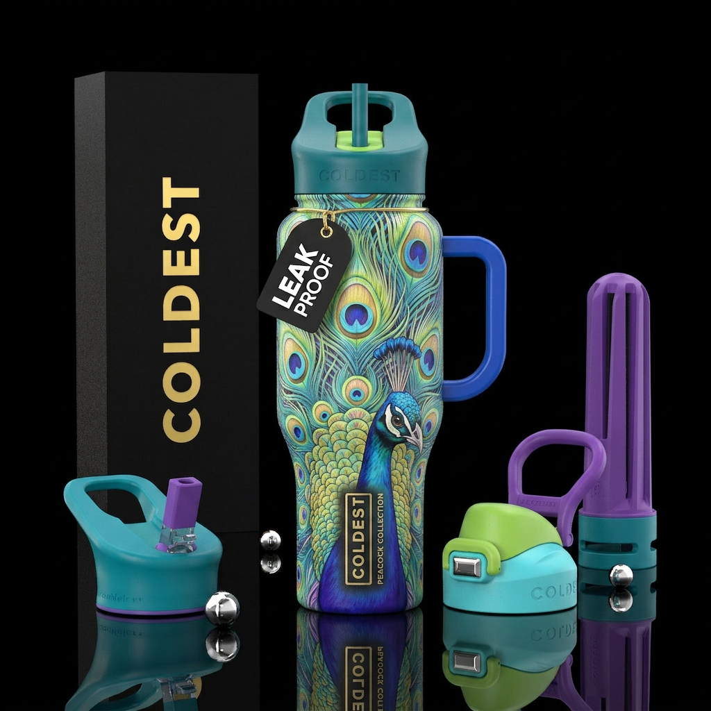 Peacocks with lime light blue, lime green, gold, a... water bottle design
