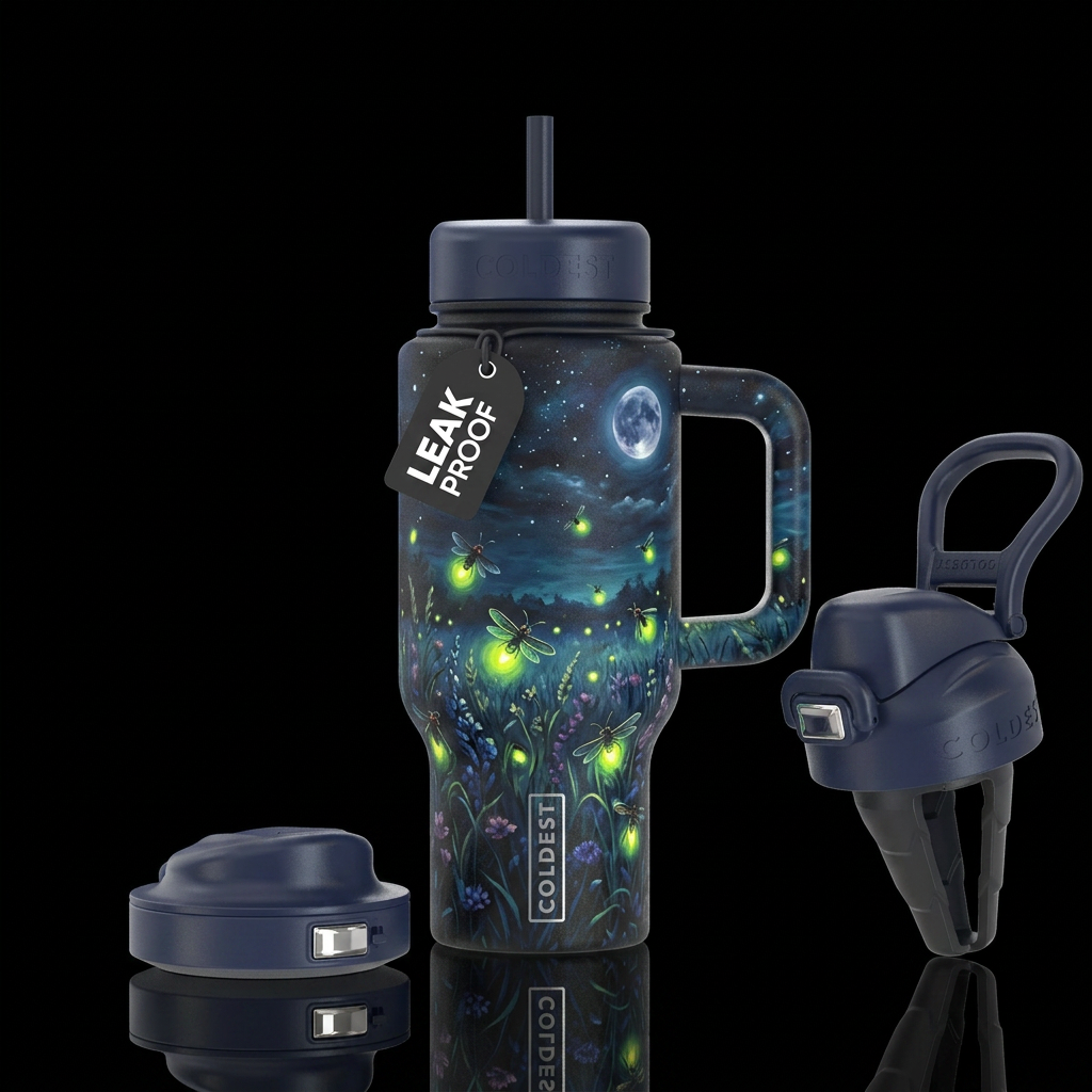 Fireflies dancing in a field of flowers at night w... water bottle design