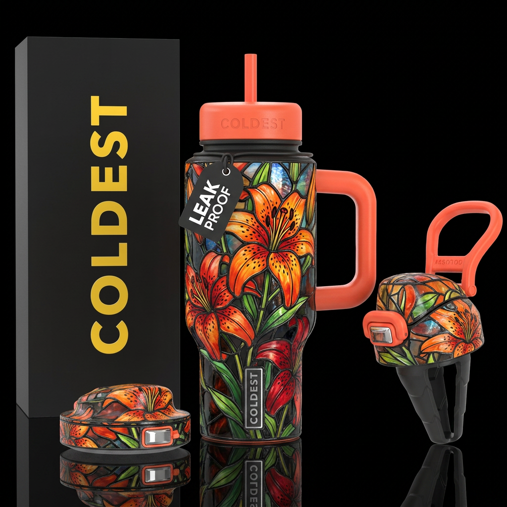 Tiger Lilly stained glass water bottle design
