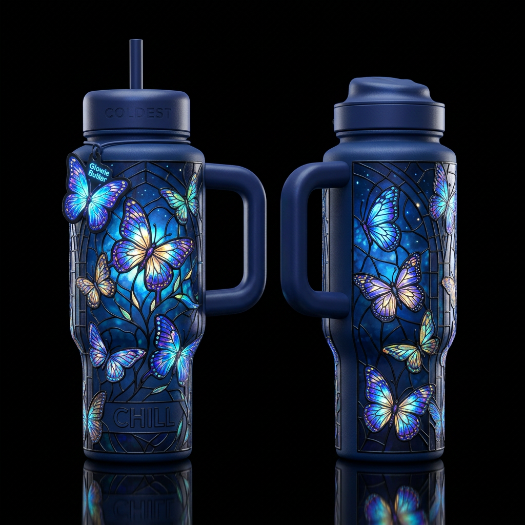Glowie butterfly stained glass water bottle design