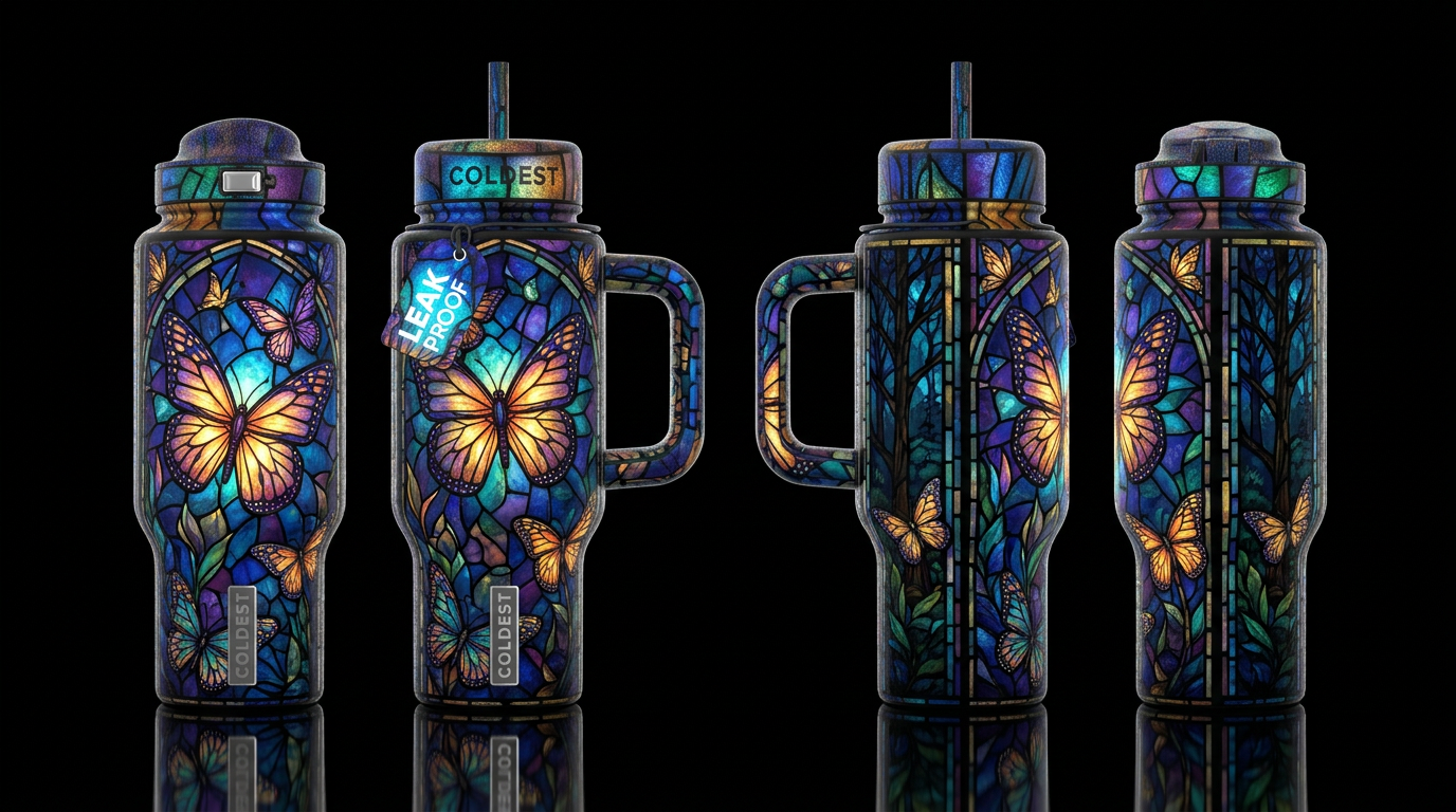 Glowing butterfly stained glass water bottle design