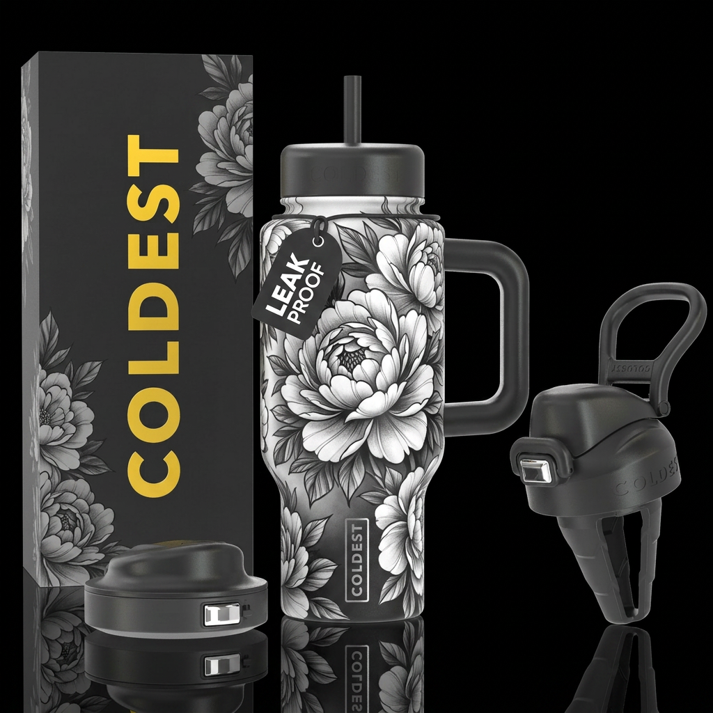 Peonie tattoo water bottle design
