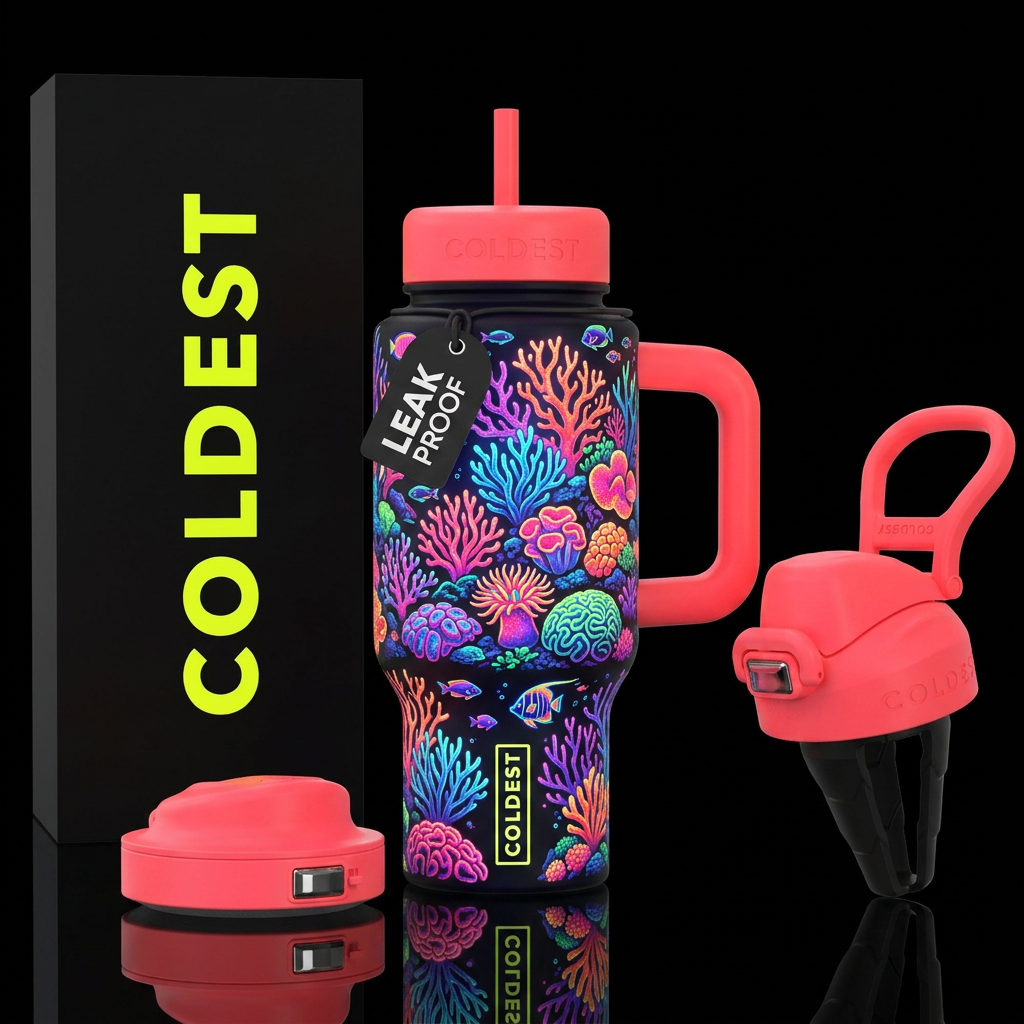 Neon coral reef water bottle design