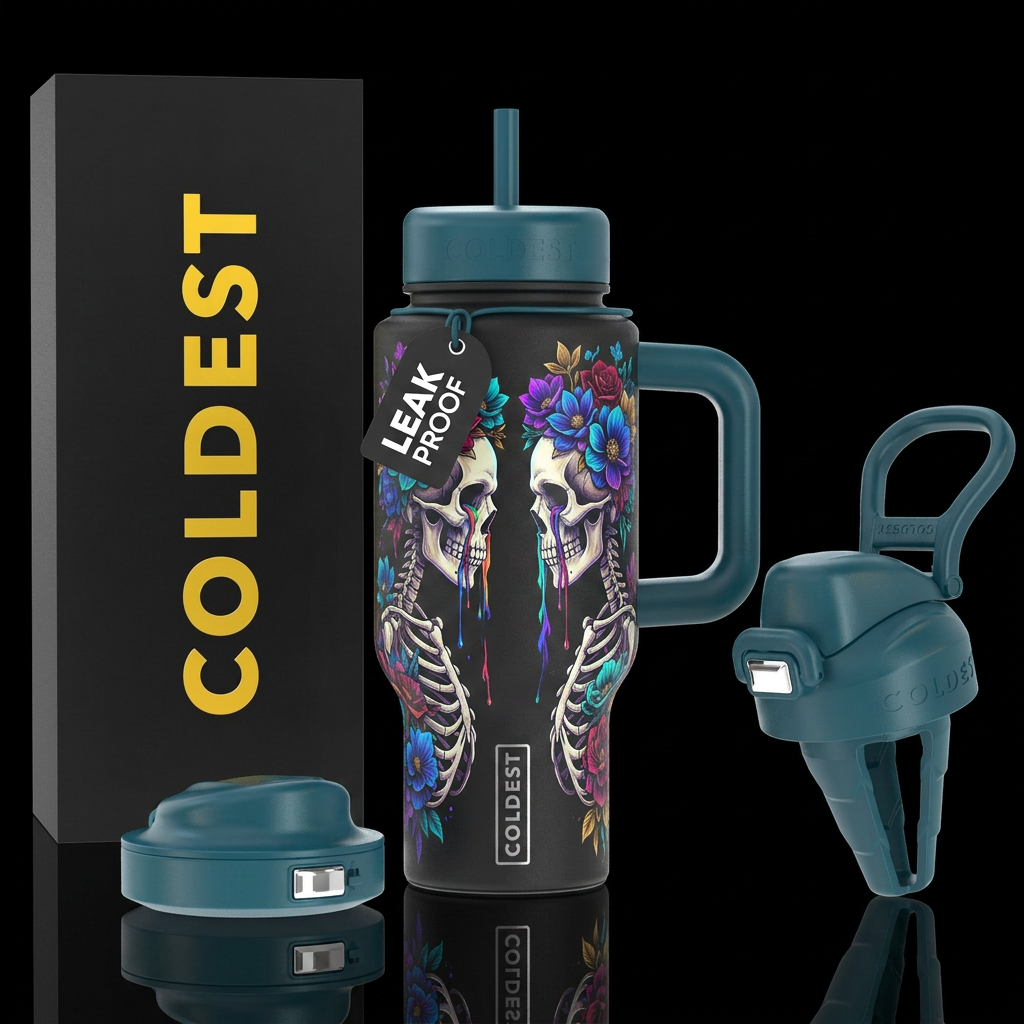 Bones and flowers water bottle design