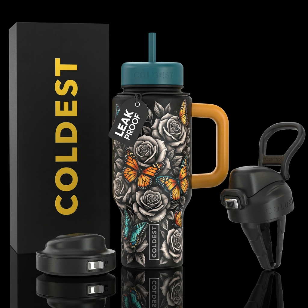 Roses and butterflies water bottle design