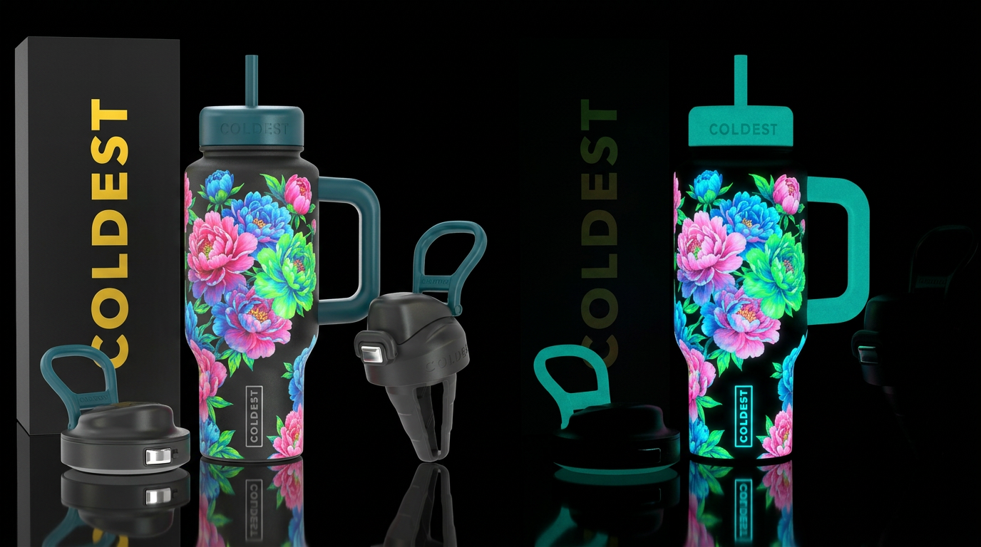 Glowing peonies water bottle design