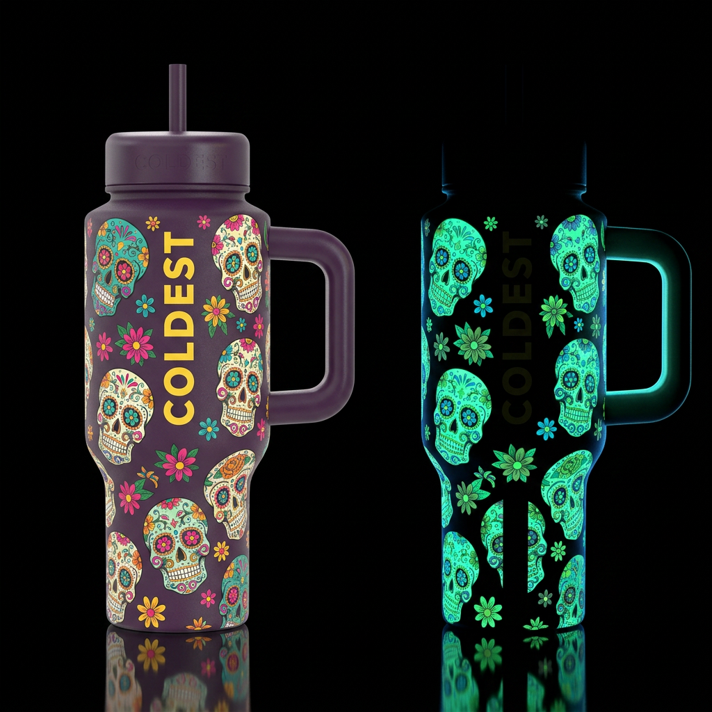 Glowie candy skulls water bottle design