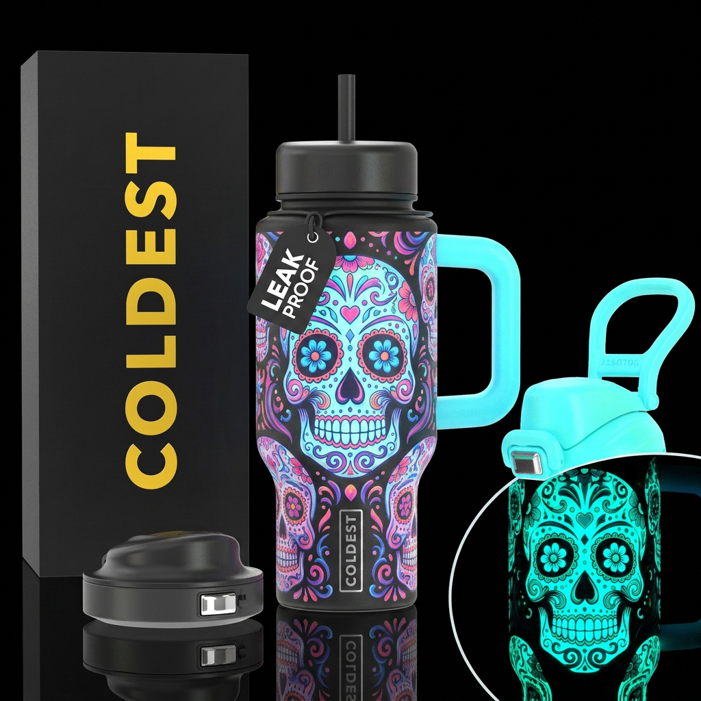 Glowie candy skulls water bottle design