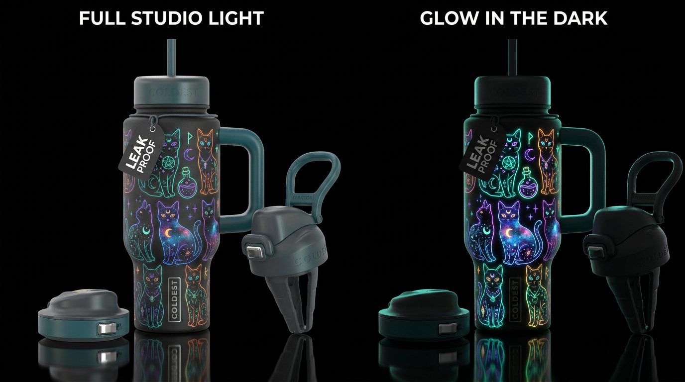 Neon Glowie cats water bottle design