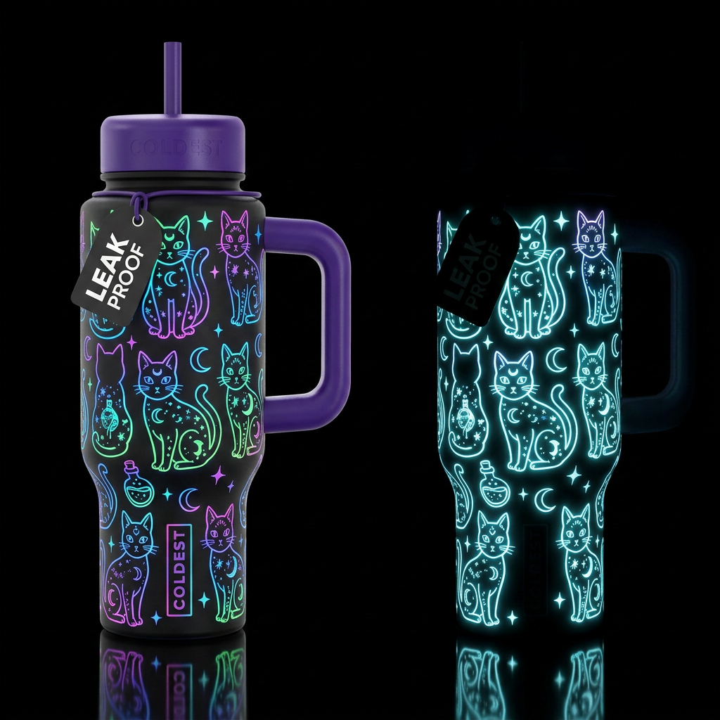 Neon glowie cats water bottle design