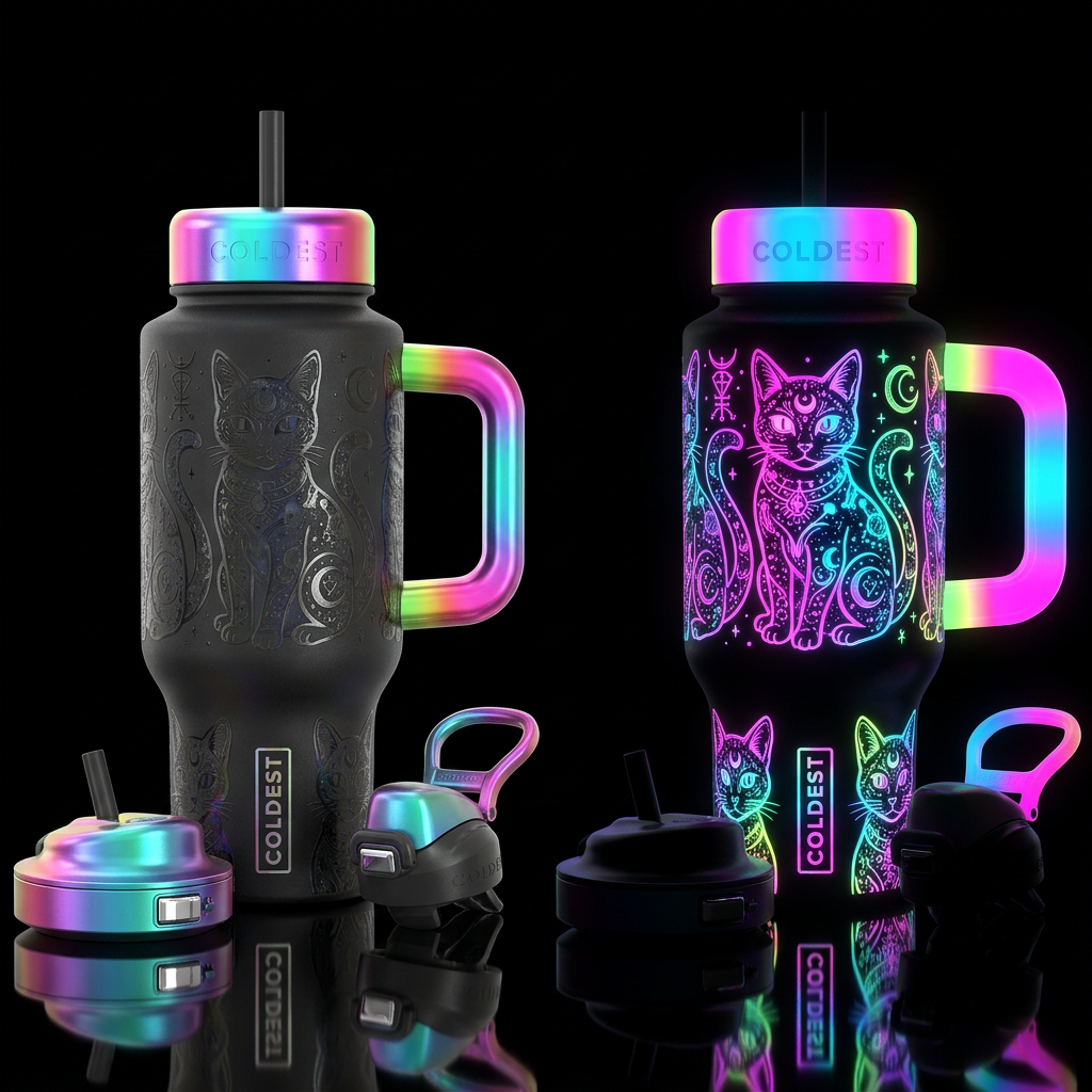 Neon Glowie cats water bottle design
