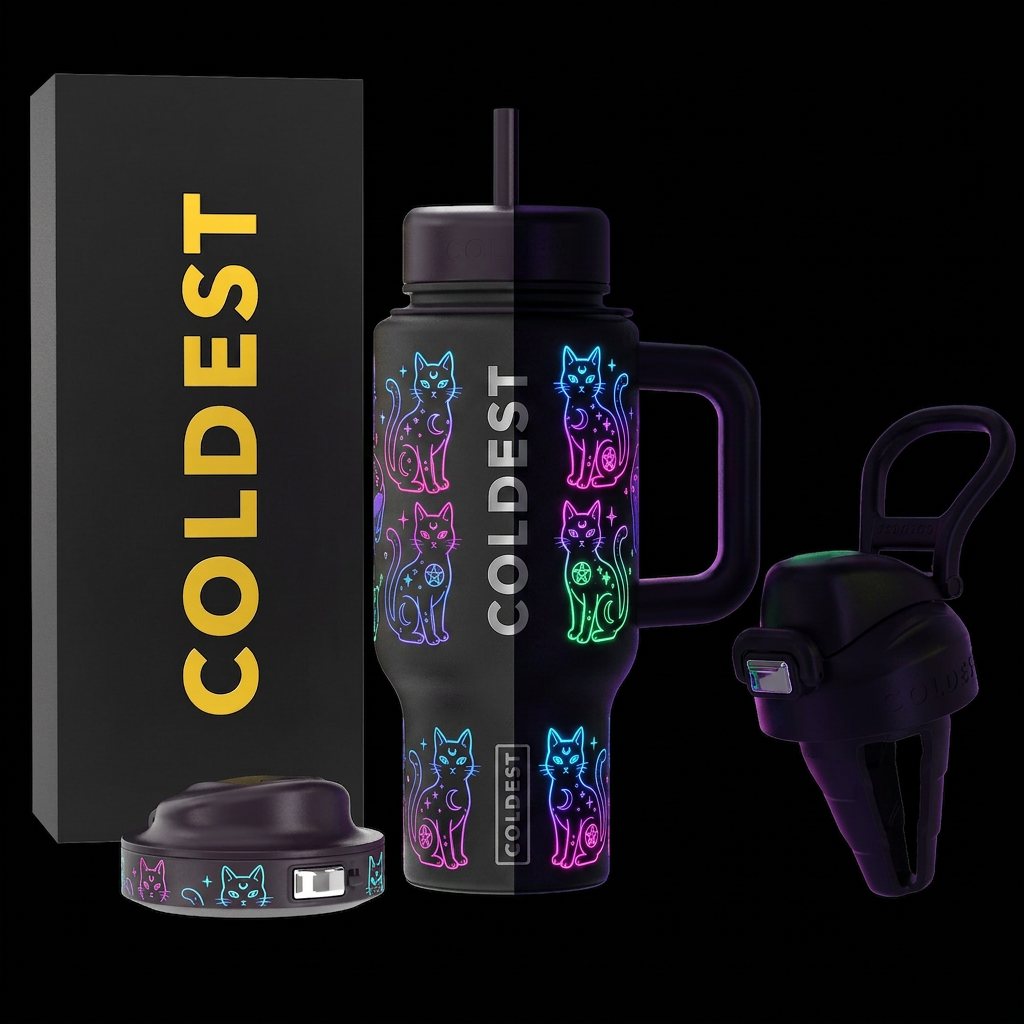 Neon Glowie cats water bottle design