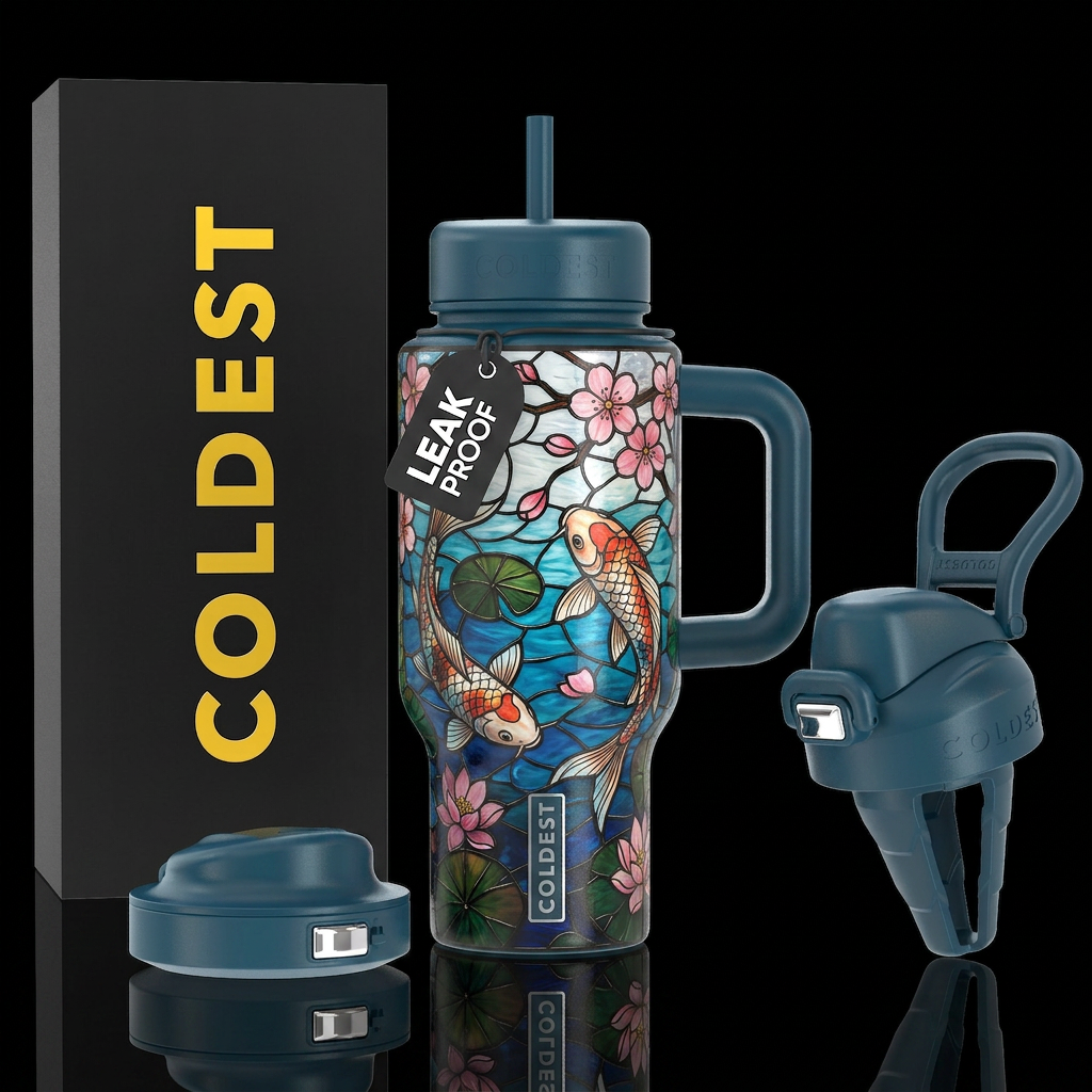 Cherry blossom, koi fish, lotus, stained glass water bottle design