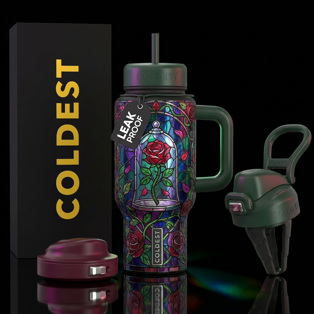 Enchanted rose stained glass water bottle design