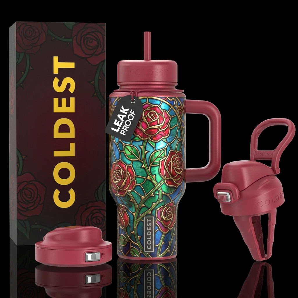 Enchanted rose stained glass water bottle design